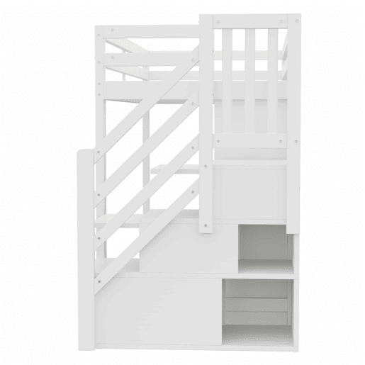 Cama alta 90 x 200 cm - com armários de arrumação, várias prateleiras, roupeiro, iluminação LED e escada lateral com arrumação integrada - Branco Cama alta 90 x 200 cm - com armários de arrumação, várias prateleiras, roupeiro, iluminação LED e escada lateral com arrumação integrada - Branco
