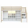 Cama alta 90 x 200 cm - com armários de arrumação, vários compartimentos, roupeiro simples, iluminação LED, escada lateral integrada com espaço de arrumação - madeira natural e branca