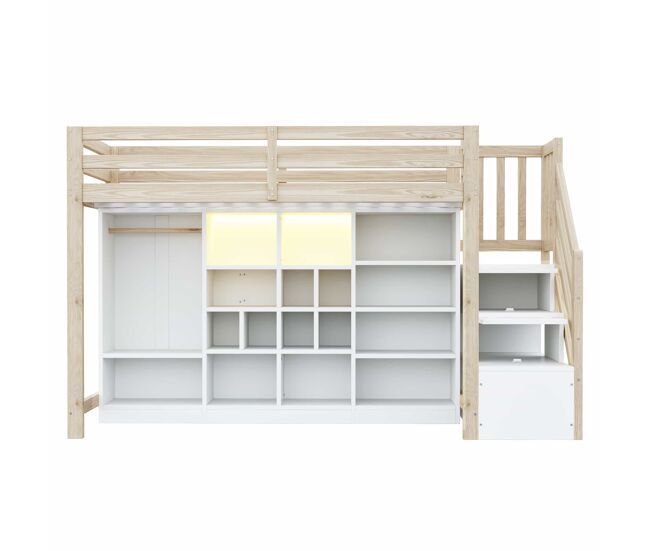 Cama alta 90 x 200 cm - con armarios de almacenamiento, múltiples compartimentos, armario ropero simple, iluminación led, escalera lateral integrada