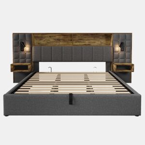 Cama estofada 180x200 - com arrumação, LED, 2 candeeiros de leitura, 2 mesas de cabeceira integradas, porta de carregamento USB Type-C, tecido de linho, com base de colchão, sem colchão - cinzento