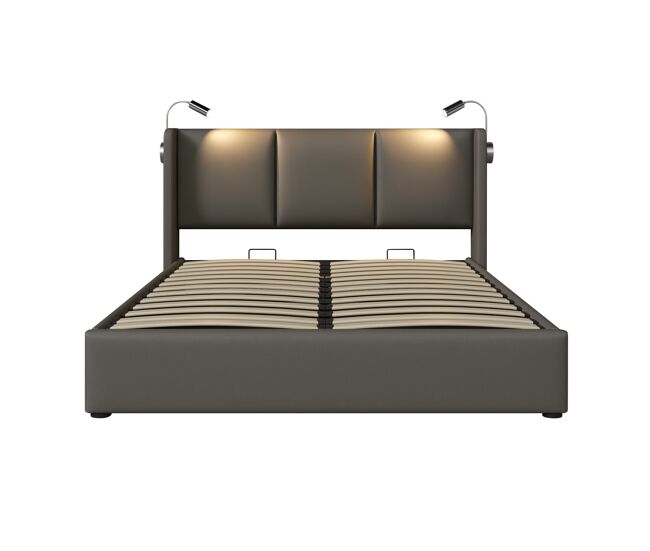 Cama tapizada 180x200 cm - con canapé abatible, iluminación led, 2 puertos usb, sistema hidráulico de elevación, diseño en cuero pu - gris