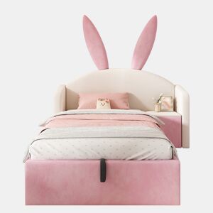 Cama infantil estofada 90x190 cm - cabeceira com orelhas de coelho, arrumação hidráulica e mesa de cabeceira, veludo - bege e rosa