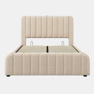 Cama de casal estofada 140 x 190 cm - cabeceira acolchoada com detalhes dourados, porta USB-C, arrumação com sistema hidráulico - bege