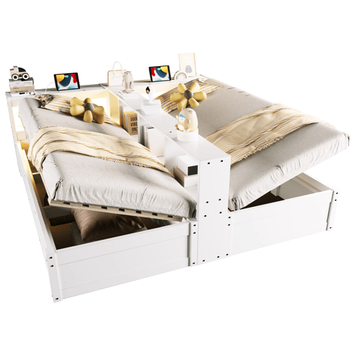Sofá-cama 90180 × 200 cm - Com tomada europeia, compartimentos de arrumação, luz LED, mecanismo hidráulico, cama multifuncional - Branco