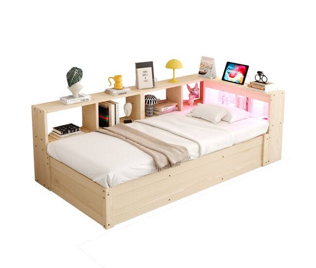 Sofá cama 90 × 200 cm - con enchufe europeo, múltiples compartimentos, led multicolor, mecanismo hidráulico, cama multifuncional de madera maciza -