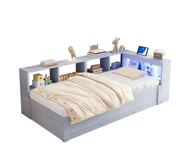 Sofá cama 90 × 200 cm - con enchufe europeo, múltiples compartimentos, luces led multicolor, mecanismo hidráulico, cama multifuncional de madera