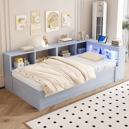 Sofá-cama 90 × 200 cm - Com tomada europeia, vários compartimentos, luzes LED multicoloridas, mecanismo hidráulico, cama multifuncional em madeira maciça - Cinza Sofá-cama 90 × 200 cm - Com tomada europeia, vários compartimentos, luzes LED multicoloridas, mecanismo hidráulico, cama multifuncional em madeira maciça - Cinza