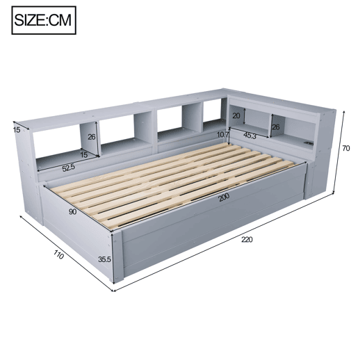 Sofá-cama 90 × 200 cm - Com tomada europeia, vários compartimentos, luzes LED multicoloridas, mecanismo hidráulico, cama multifuncional em madeira maciça - Cinza Sofá-cama 90 × 200 cm - Com tomada europeia, vários compartimentos, luzes LED multicoloridas, mecanismo hidráulico, cama multifuncional em madeira maciça - Cinza