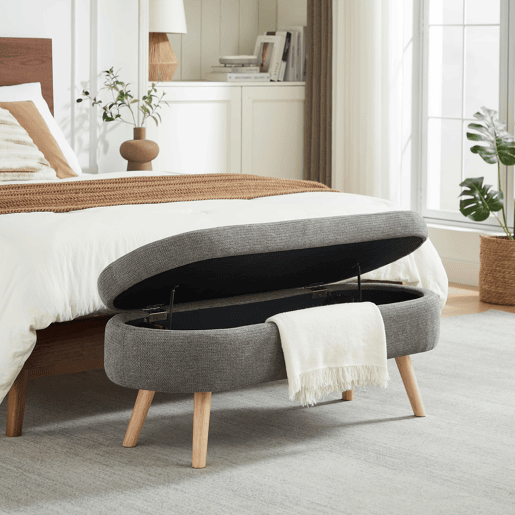 Banco com arrumação de 110 cm - moderno com estofo em chenille - cinzento Banco com arrumação de 110 cm - moderno com estofo em chenille - cinzento