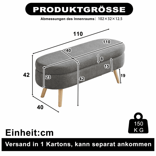 Banco com arrumação de 110 cm - moderno com estofo em chenille - cinzento Banco com arrumação de 110 cm - moderno com estofo em chenille - cinzento