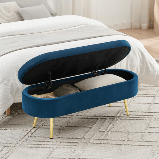 Banco com espaço de arrumação multifuncional 110 x 40 x 42 cm - tecido de veludo macio, pés metálicos, estrutura em madeira maciça, 20 L de arrumação, ideal para o quarto, sala de estar e hall de entrada - azul