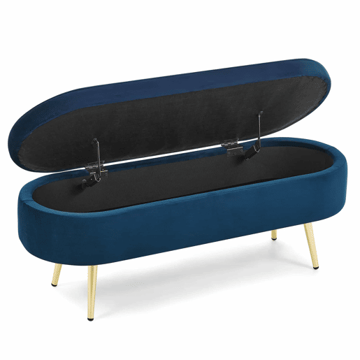 Banco com espaço de arrumação multifuncional 110 x 40 x 42 cm - tecido de veludo macio, pés metálicos, estrutura em madeira maciça, 20 L de arrumação, ideal para o quarto, sala de estar e hall de entrada - azul