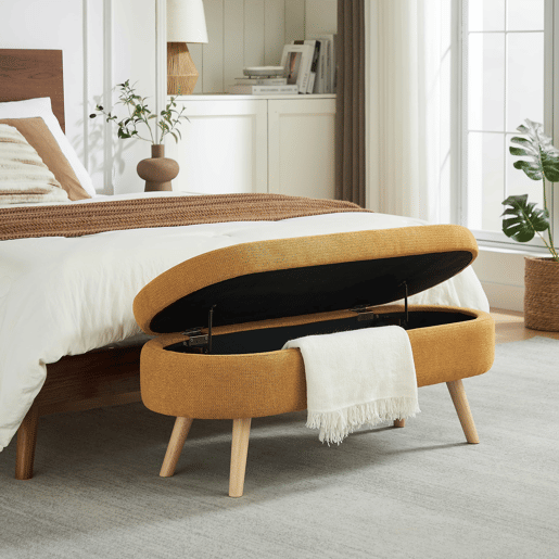 Banco com arrumação de 110 cm - moderno, com estofo em chenille e espaço de arrumação - Amarelo