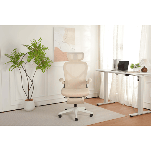 Cadeira de escritório ergonómica, pequena e dobrável, com apoio lombar, almofada de assento em espuma, apoios de braços dobráveis, apoio para a cabeça 3D e pedais de trabalho - cor creme