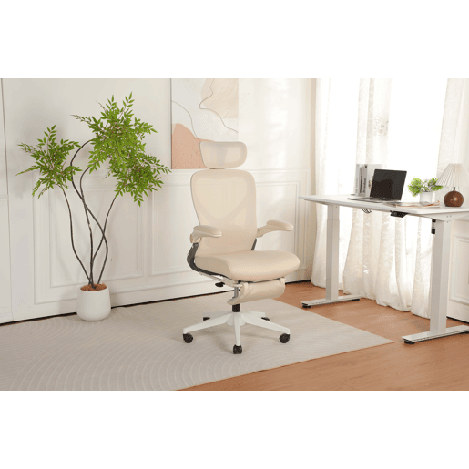 Cadeira de escritório ergonómica, pequena e dobrável, com apoio lombar, almofada de assento em espuma, apoios de braços dobráveis, apoio para a cabeça 3D e pedais de trabalho - cor creme