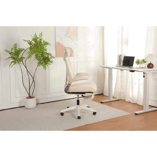 Cadeira de escritório ergonómica, pequena e dobrável, com apoio lombar, almofada de assento em espuma, apoios de braços dobráveis, apoio para a cabeça 3D e pedais de trabalho - cor creme