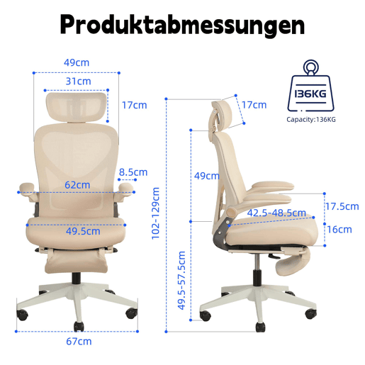 Cadeira de escritório ergonómica, pequena e dobrável, com apoio lombar, almofada de assento em espuma, apoios de braços dobráveis, apoio para a cabeça 3D e pedais de trabalho - cor creme