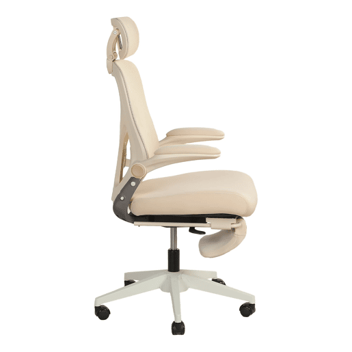 Cadeira de escritório ergonómica, pequena e dobrável, com apoio lombar, almofada de assento em espuma, apoios de braços dobráveis, apoio para a cabeça 3D e pedais de trabalho - cor creme