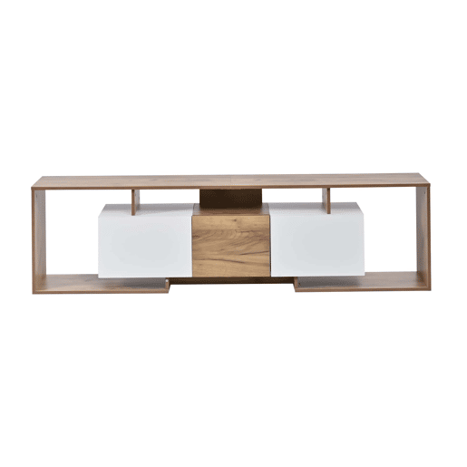 Móvel de TV 180 x 30 x 49 cm - 2 portas basculantes, 1 porta de batente, 3 prateleiras abertas - Branco e madeira natural Móvel de TV 180 x 30 x 49 cm - 2 portas basculantes, 1 porta de batente, 3 prateleiras abertas - Branco e madeira natural
