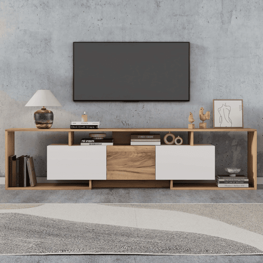 Móvel de TV 180 x 30 x 49 cm - 2 portas basculantes, 1 porta de batente, 3 prateleiras abertas - Branco e madeira natural Móvel de TV 180 x 30 x 49 cm - 2 portas basculantes, 1 porta de batente, 3 prateleiras abertas - Branco e madeira natural