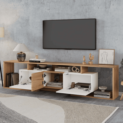 Móvel de TV 180 x 30 x 49 cm - 2 portas basculantes, 1 porta de batente, 3 prateleiras abertas - Branco e madeira natural Móvel de TV 180 x 30 x 49 cm - 2 portas basculantes, 1 porta de batente, 3 prateleiras abertas - Branco e madeira natural