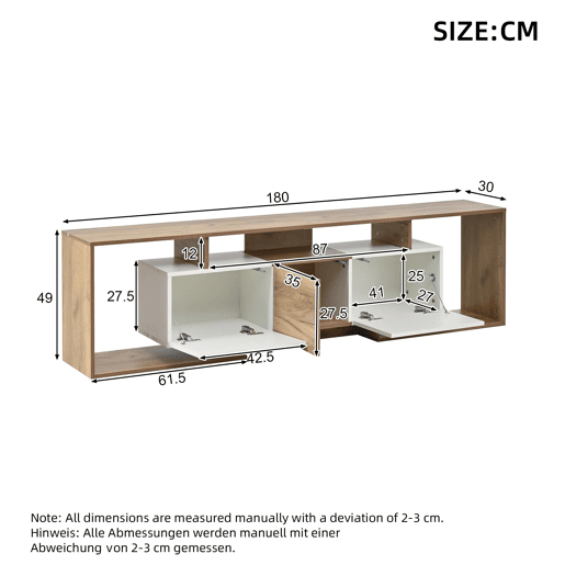 Móvel de TV 180 x 30 x 49 cm - 2 portas basculantes, 1 porta de batente, 3 prateleiras abertas - Branco e madeira natural Móvel de TV 180 x 30 x 49 cm - 2 portas basculantes, 1 porta de batente, 3 prateleiras abertas - Branco e madeira natural
