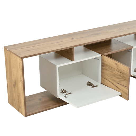 Móvel de TV 180 x 30 x 49 cm - 2 portas basculantes, 1 porta de batente, 3 prateleiras abertas - Branco e madeira natural Móvel de TV 180 x 30 x 49 cm - 2 portas basculantes, 1 porta de batente, 3 prateleiras abertas - Branco e madeira natural