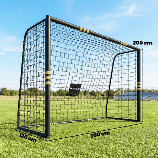SPORTNOW Baliza de Futebol para Jardim com Rede, Estacas de Solo, Proteção Acolchoada EPE e Estrutura Metálica, Montagem Fácil, InteriorExterior, 300x120x200 cm, Preto e Amarelo