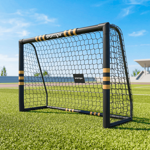 SPORTNOW Baliza de Futebol para Jardim com Rede, Estacas de Solo, Acolchoamento EPE e Estrutura Metálica, Montagem Fácil, para Interior e Exterior, 240x85x160 cm, Preto e Amarelo
