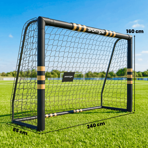 SPORTNOW Baliza de Futebol para Jardim com Rede, Estacas de Solo, Acolchoamento EPE e Estrutura Metálica, Montagem Fácil, para Interior e Exterior, 240x85x160 cm, Preto e Amarelo