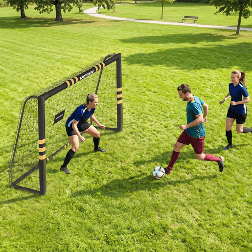 SPORTNOW Baliza de Futebol para Jardim com Rede, Estacas de Solo, Acolchoamento EPE e Estrutura Metálica, Montagem Fácil, para Interior e Exterior, 240x85x160 cm, Preto e Amarelo