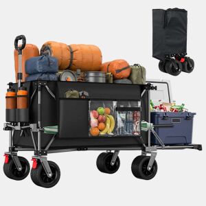 Carrinho de jardim dobrável de 140 cm e 300 L u2013 com rodas todo-o-terreno extra largas, porta traseira rebatível, dobrável e resistente para compras, praia e uso no exterior u2013 Preto + Cinzento