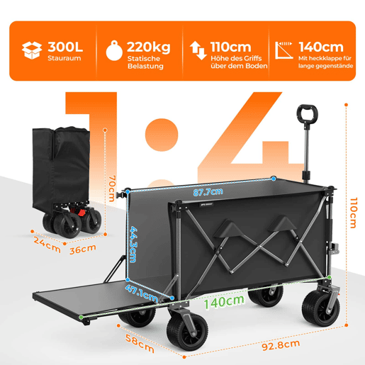 Carrinho de jardim dobrável de 140 cm e 300 L u2013 com rodas todo-o-terreno extra largas, porta traseira rebatível, dobrável e resistente para compras, praia e uso no exterior u2013 Preto + Cinzento Carrinho de jardim dobrável de 140 cm e 300 L u2013 com rodas todo-o-terreno extra largas, porta traseira rebatível, dobrável e resistente para compras, praia e uso no exterior u2013 Preto + Cinzento