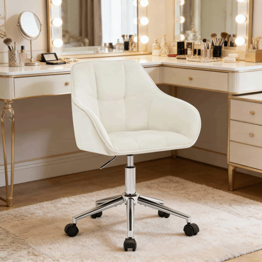 Cadeira de escritório giratória clássica, tamanho padrão u2013 multifuncional para sala de estar, escritório em casa e maquilhagem u2013 Branco creme Cadeira de escritório giratória clássica, tamanho padrão u2013 multifuncional para sala de estar, escritório em casa e maquilhagem u2013 Branco creme