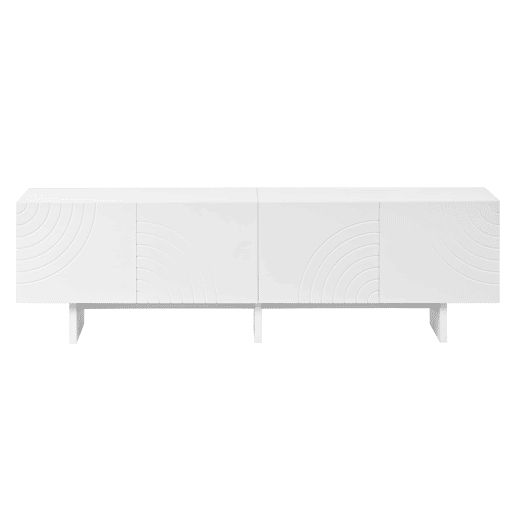 Móvel de televisão - 4 portas com padrão geométrico em arco, frentes com relevo decorativo, divisória central e amplo espaço de arrumação - branco