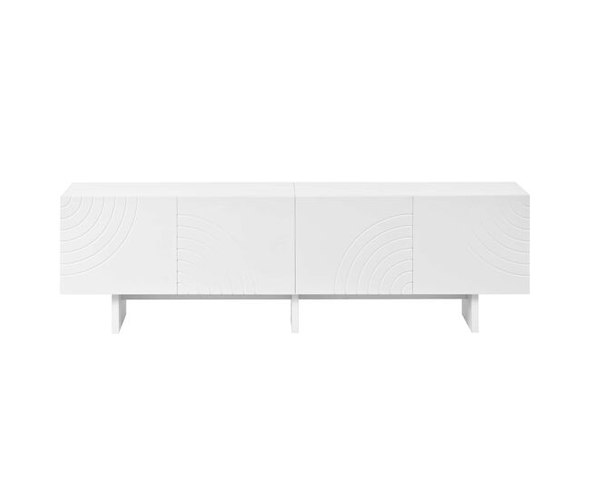 Mueble tv - 4 puertas con patrón de arco geométrico, frentes en relieve decorativo, separador central y amplio espacio de almacenamiento - blanco