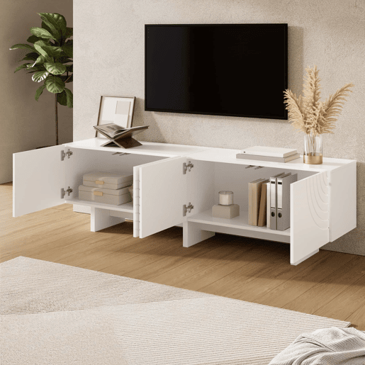 Móvel de televisão - 4 portas com padrão geométrico em arco, frentes com relevo decorativo, divisória central e amplo espaço de arrumação - branco