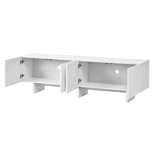 Móvel de televisão - 4 portas com padrão geométrico em arco, frentes com relevo decorativo, divisória central e amplo espaço de arrumação - branco