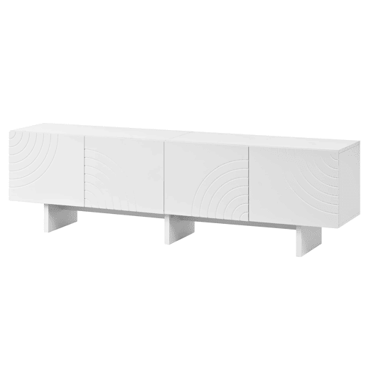 Móvel de televisão - 4 portas com padrão geométrico em arco, frentes com relevo decorativo, divisória central e amplo espaço de arrumação - branco