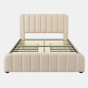 Cama de casal estofada 140 x 190 cm - cabeceira acolchoada com faixas decorativas douradas, porta USB Tipo C, 4 gavetas de arrumação, estrutura em linho, capacidade de carga de 181 kg - bege