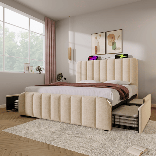 Cama de casal estofada 140 x 190 cm - cabeceira acolchoada com faixas decorativas douradas, porta USB Tipo C, 4 gavetas de arrumação, estrutura em linho, capacidade de carga de 181 kg - bege Cama de casal estofada 140 x 190 cm - cabeceira acolchoada com faixas decorativas douradas, porta USB Tipo C, 4 gavetas de arrumação, estrutura em linho, capacidade de carga de 181 kg - bege