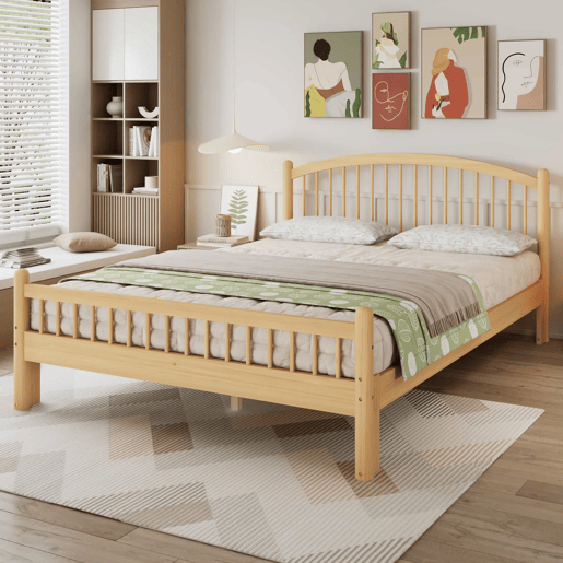 Cama individual 140x200 - Madeira maciça, design minimalista, cabeceira clássica em treliça, base de colchão estável - Natural