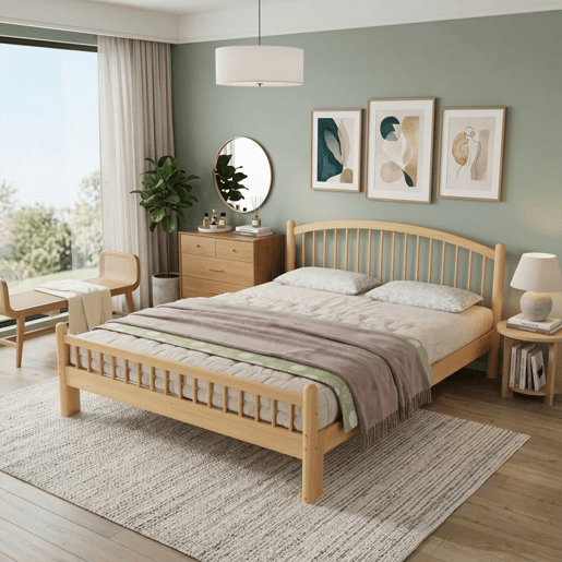 Cama individual 140x200 - Madeira maciça, design minimalista, cabeceira clássica em treliça, base de colchão estável - Natural