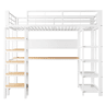 Cama alta metálica 90x200 cm - secretária com tomada CEE, iluminação LED multicolorida, várias prateleiras, escada vertical, pequena estante, painel metálico perfurado - branco