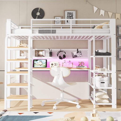 Cama alta metálica 90x200 cm - secretária com tomada CEE, iluminação LED multicolorida, várias prateleiras, escada vertical, pequena estante, painel metálico perfurado - branco