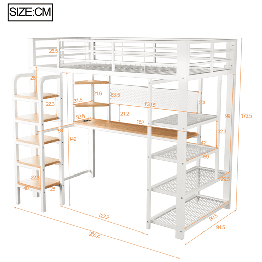 Cama alta metálica 90x200 cm - secretária com tomada CEE, iluminação LED multicolorida, várias prateleiras, escada vertical, pequena estante, painel metálico perfurado - branco