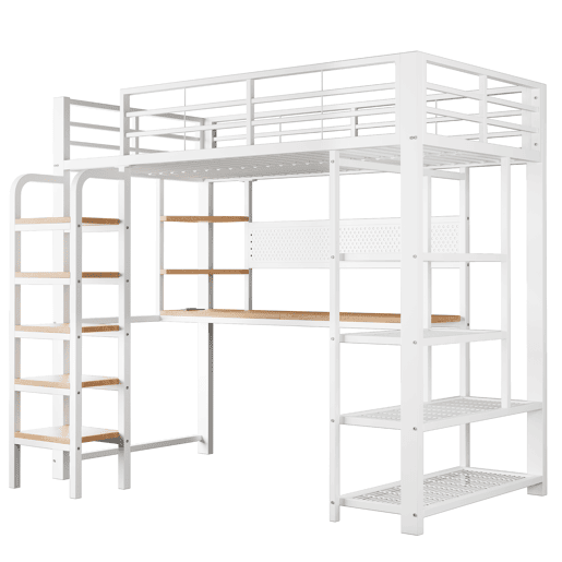 Cama alta metálica 90x200 cm - secretária com tomada CEE, iluminação LED multicolorida, várias prateleiras, escada vertical, pequena estante, painel metálico perfurado - branco