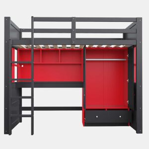 Cama alta 90 x 200 cm u2013 com escada, espaço de arrumação, secretária, roupeiro e gavetas, estilo gaming para crianças e jovens u2013 preto e vermelho