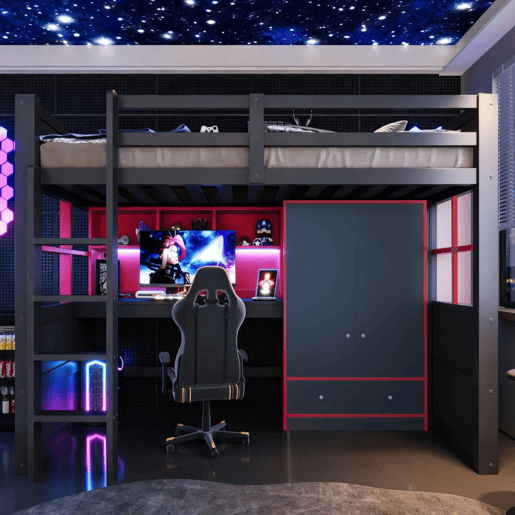 Cama alta 90 x 200 cm u2013 com escada, espaço de arrumação, secretária, roupeiro e gavetas, estilo gaming para crianças e jovens u2013 preto e vermelho