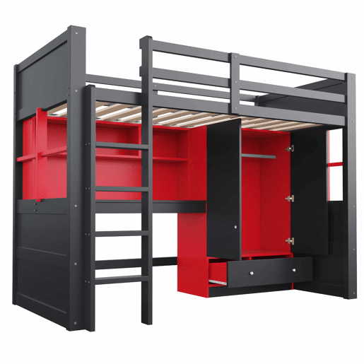 Cama alta 90 x 200 cm u2013 com escada, espaço de arrumação, secretária, roupeiro e gavetas, estilo gaming para crianças e jovens u2013 preto e vermelho